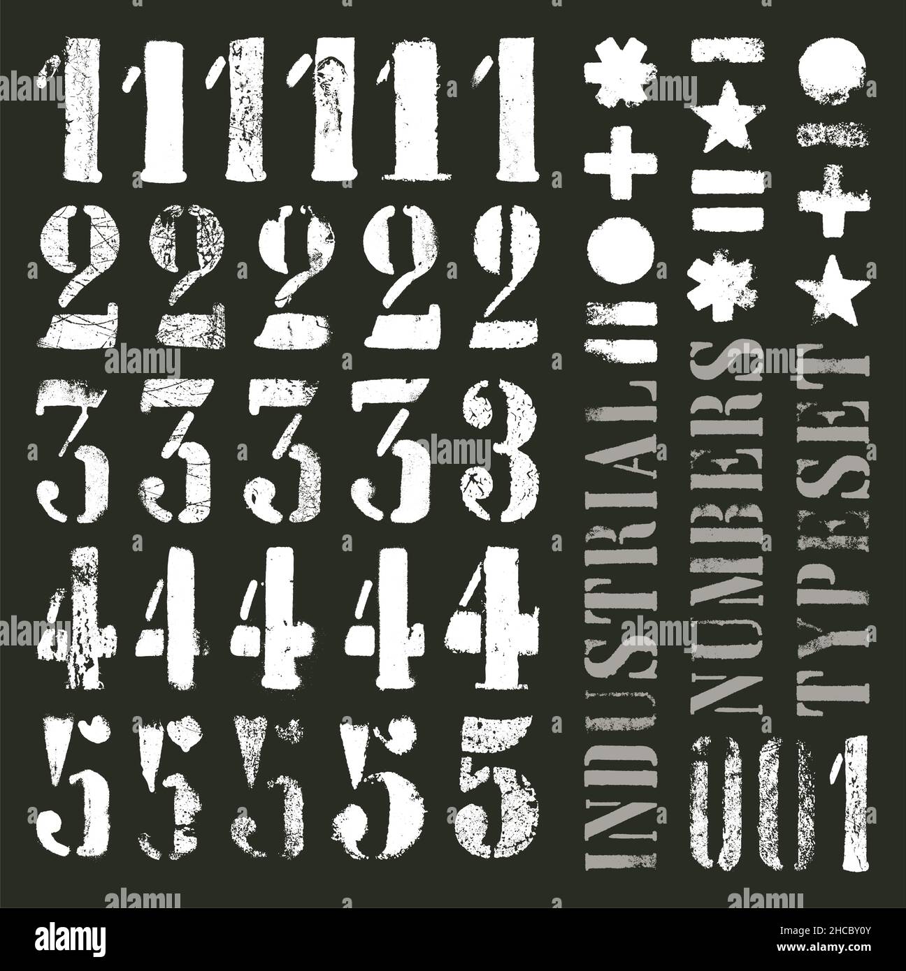 Industrial stencil grunge numbers. At least five alternatives per glyph Stock Vector