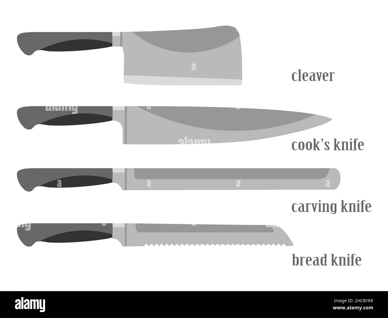 Meat cutting knives set. Kitchen metal knife isolated vector