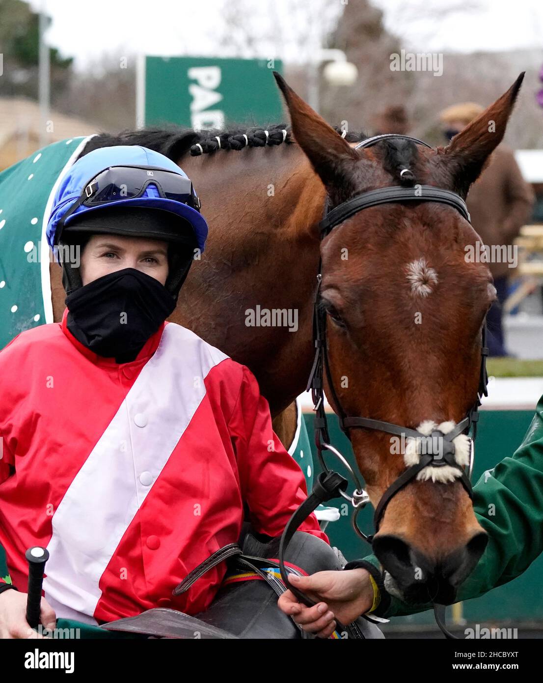 Jockey Rachael Blackmore and Envoi Allen celebrate winning the Paddy's Rewards Club Chase during day two of the Leopardstown Christmas Festival at Leopardstown Racecourse in Dublin, Ireland. Picture date: Monday December 27, 2021. Stock Photo