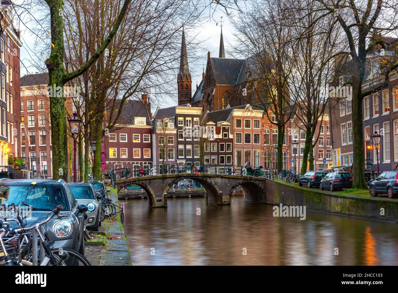 Amsterdam canal Leidsegracht with typical dutch houses and bridge, Holland, Netherlands Stock Photo