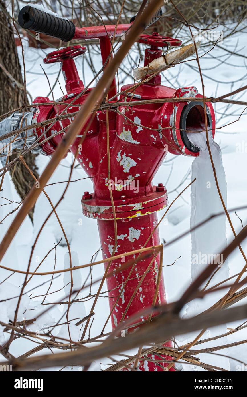 red fire hydrant with frozen water jet. High quality photo Stock Photo