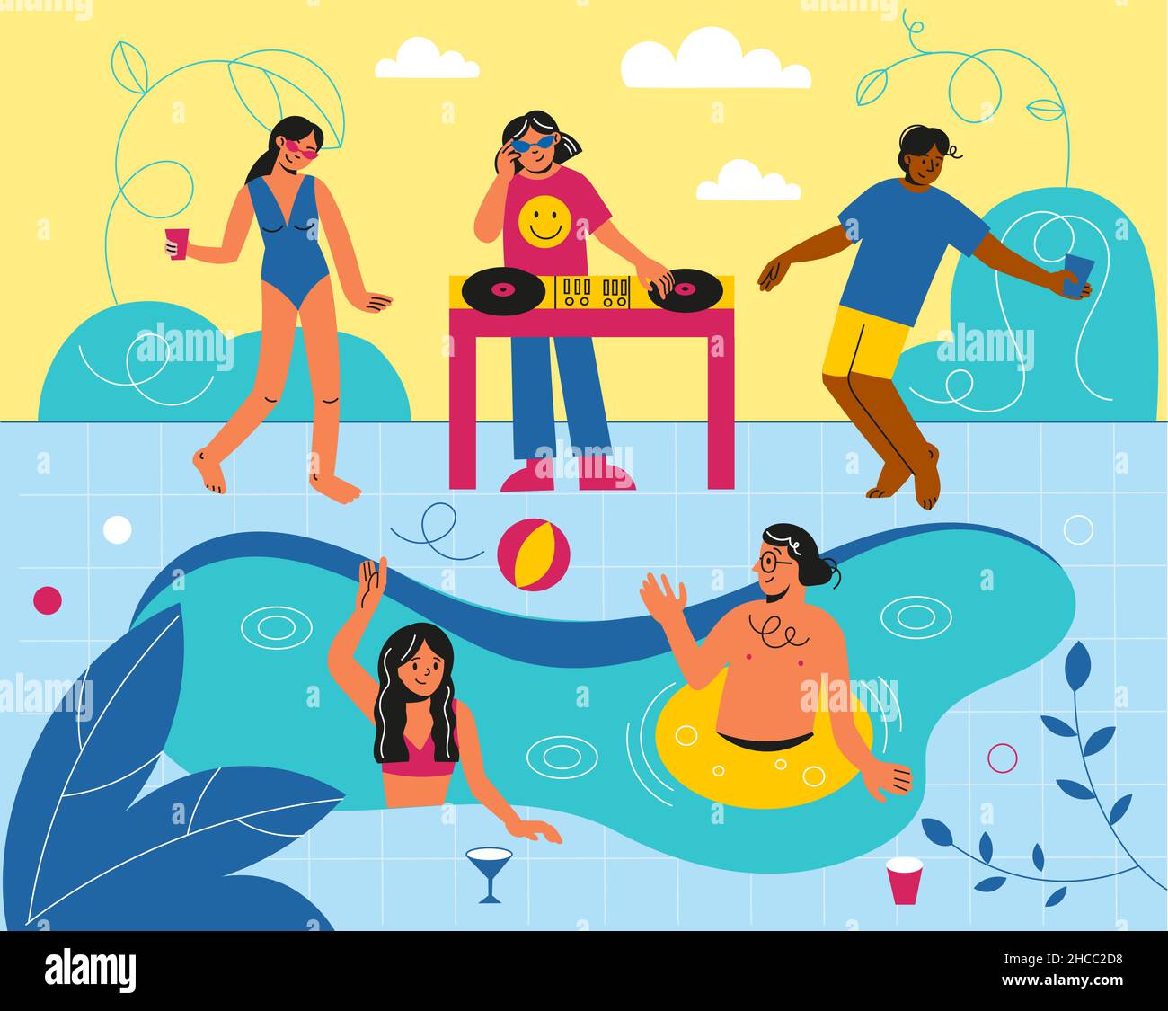 People dance in pool party vector illustration. Cartoon happy man woman  dancer characters dancing, jumping in water resort swimming pool, have fun  in tropical music beach cocktail party background Stock Vector Image