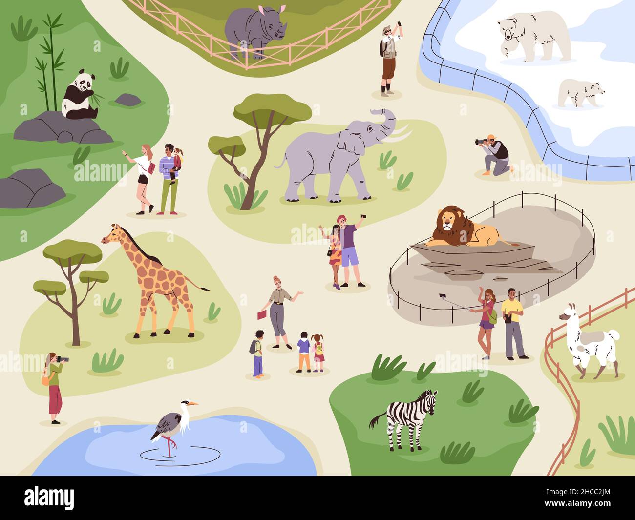 Zoo map. Animals safari park plan. Fenced enclosures with lion, llama and rhinoceros. People look at panda or giraffe. Visitors and guide on excursion Stock Vector