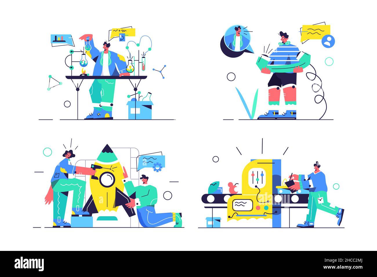 Create formula, telephone call, build rocket, control manufacturing set Stock Vector