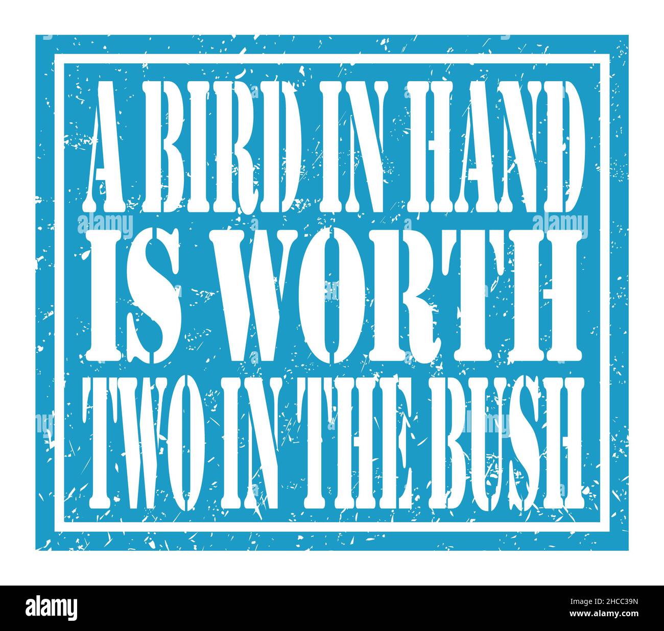 A BIRD IN HAND IS WORTH TWO IN THE BUSH, words written on blue stamp sign Stock Photo Alamy