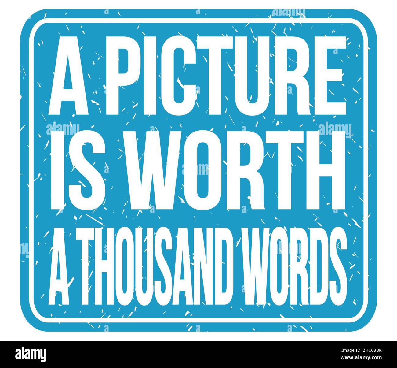 A PICTURE IS WORTH A THOUSAND WORDS, text written on blue stamp