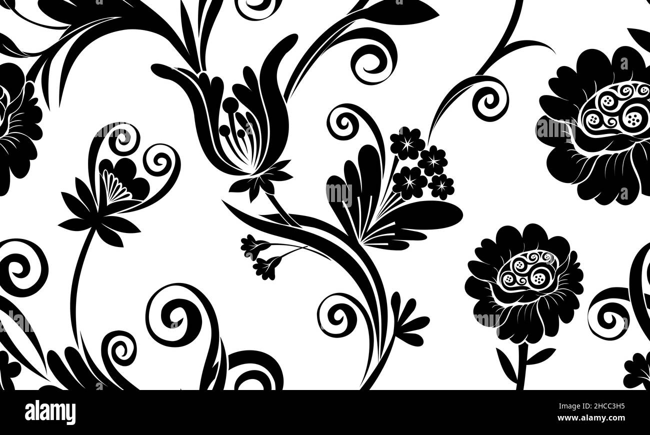 black chrysanthemums and bellflower seamless patterns for wallpapers,textiles,printing on white background. Stock Photo