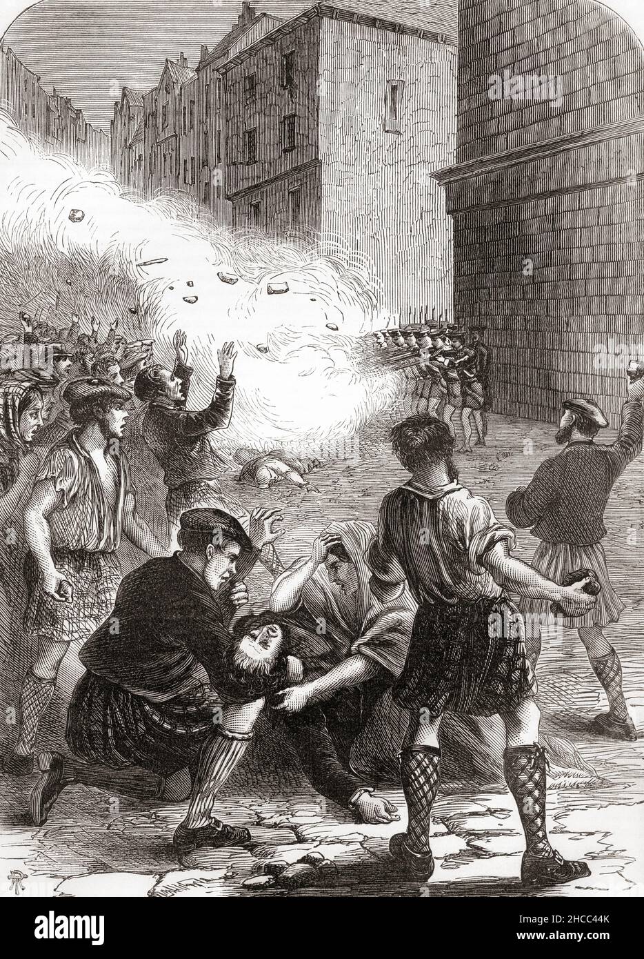Soldiers firing on rioters during the Malt Tax riots of 1725.  In 1725 a move to raise revenue by 3 pence on every bushel of malt, though half the rate in England, provoked severe riots in Glasgow.  From Cassell's Illustrated History of England, published c.1890. Stock Photo