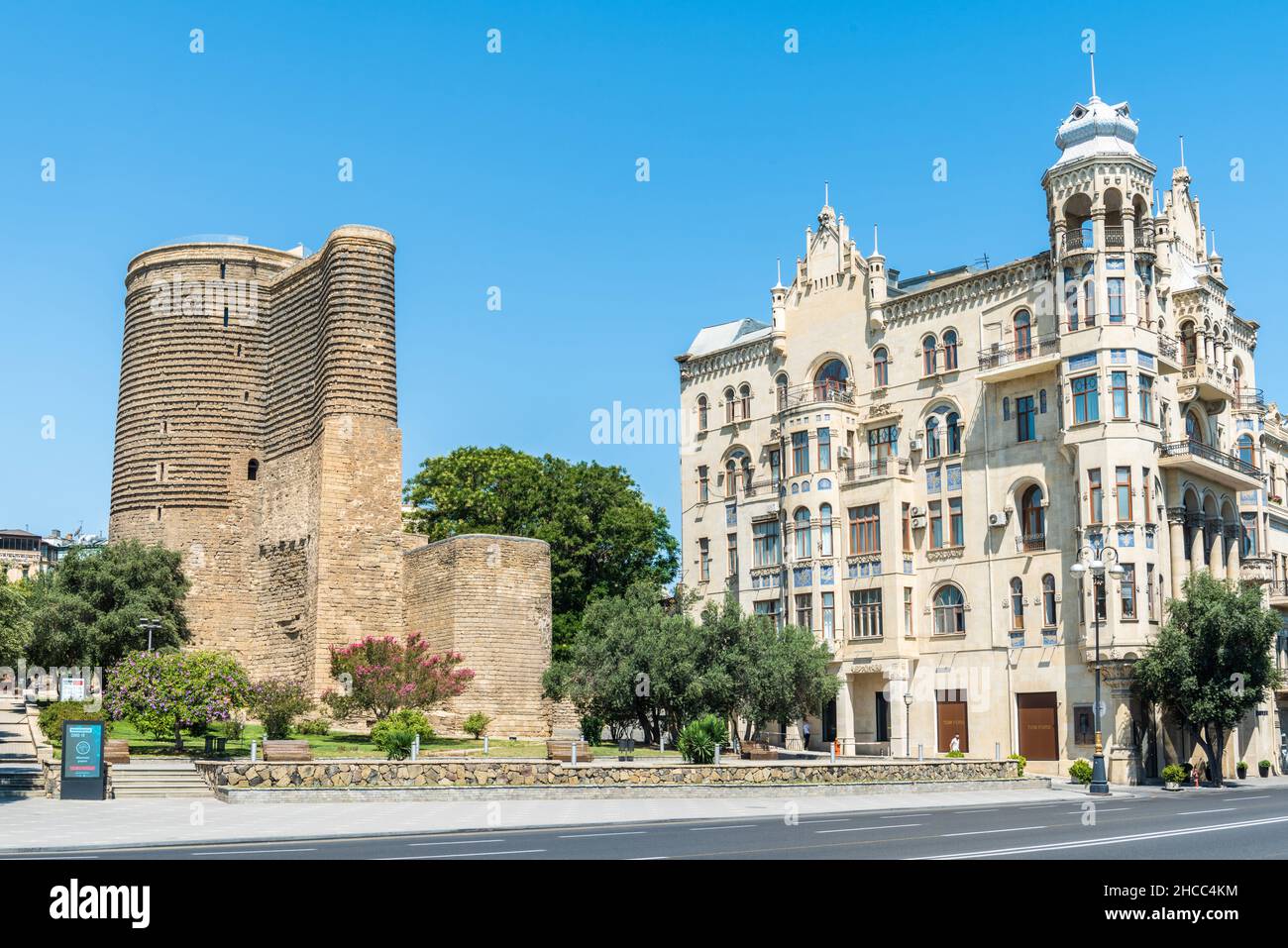 Baku, Azerbaijan – August 6, 2020. Maiden Tower and Hajinsky Mansion in Baku. Stock Photo
