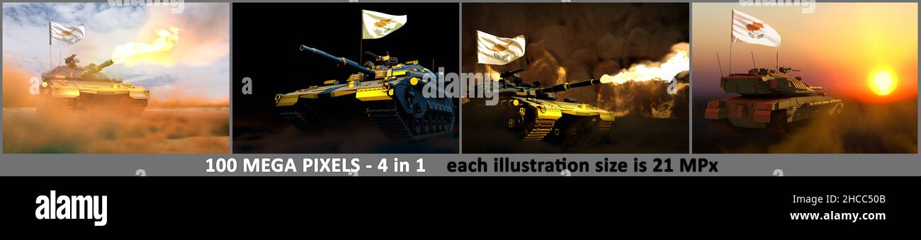 Cyprus army concept - 4 highly detailed pictures of tank with fictional design with Cyprus flag and free place for your text, military 3D Illustration Stock Photo