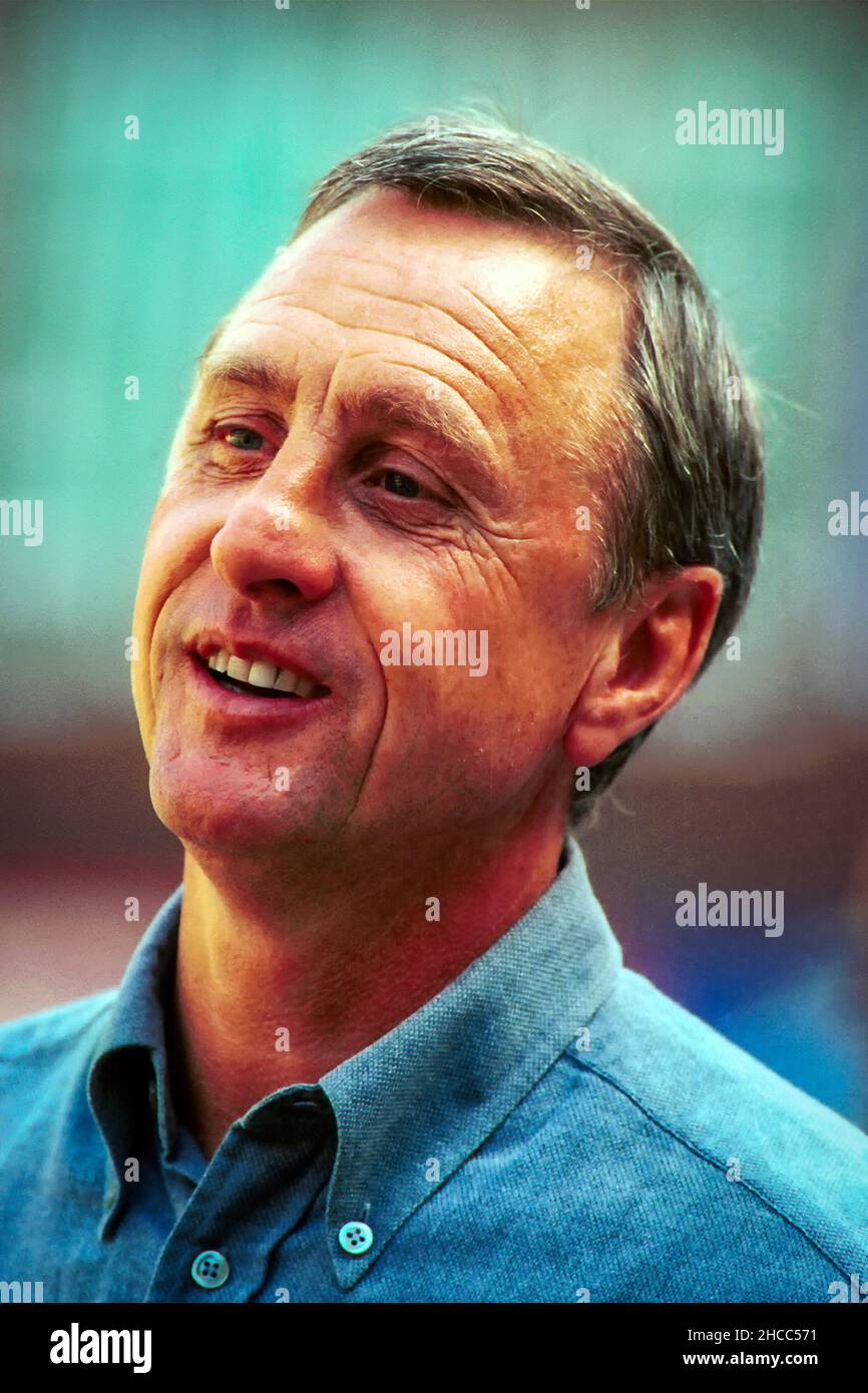 Dutch soccer legend Johan Cruyff reacts during his match for an Ajax  veterans team in Amsterdam April 6. Cruyff also coached Barcelona to a  European Cup triumph after his playing days finished.