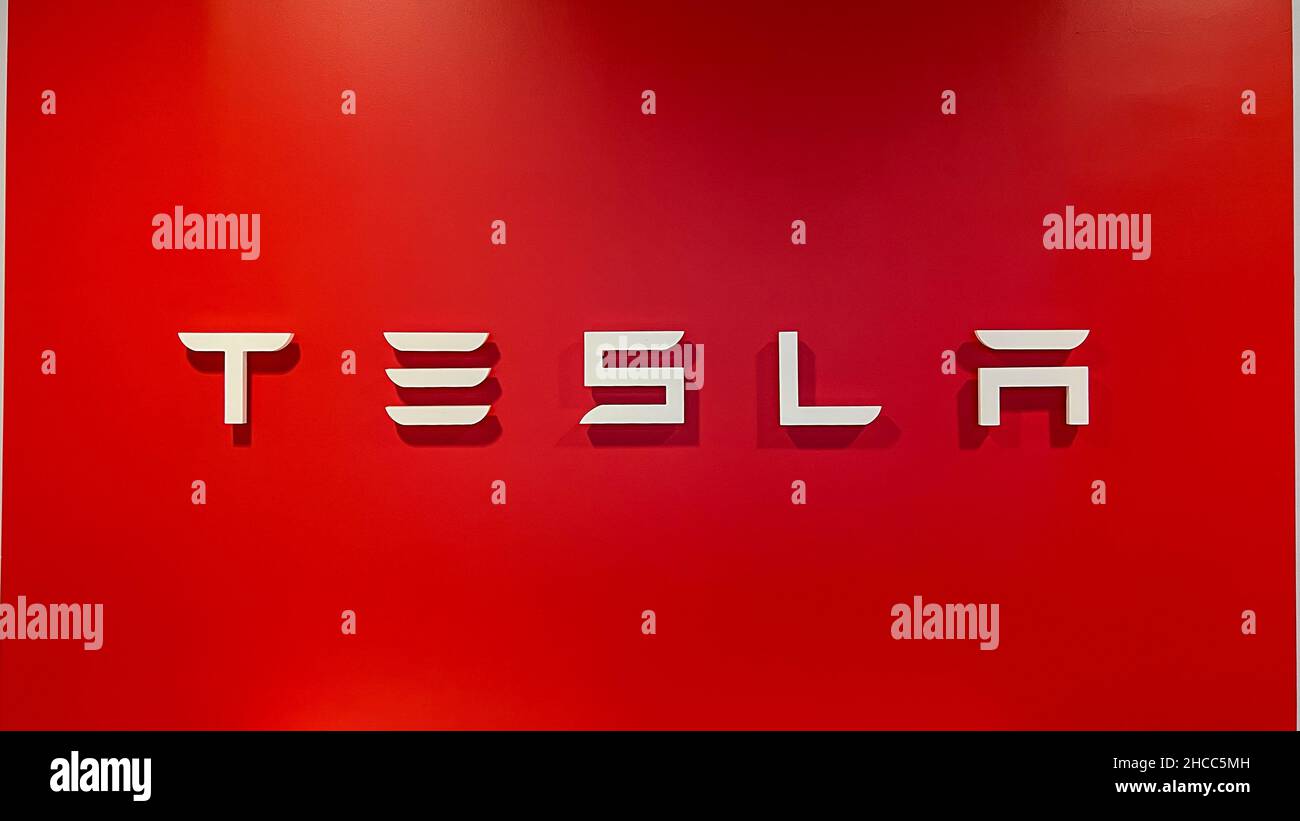 Orlando, FL USA November 5, 2021 The Tesla Sign at the entrance of