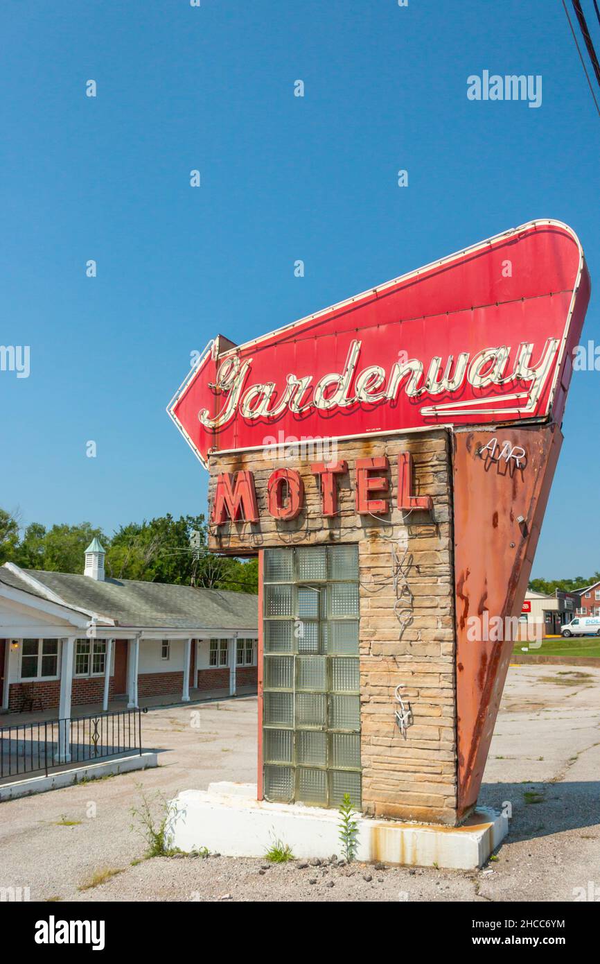 The abandoned Gardenway motel and vintage sign located off of Route 66
