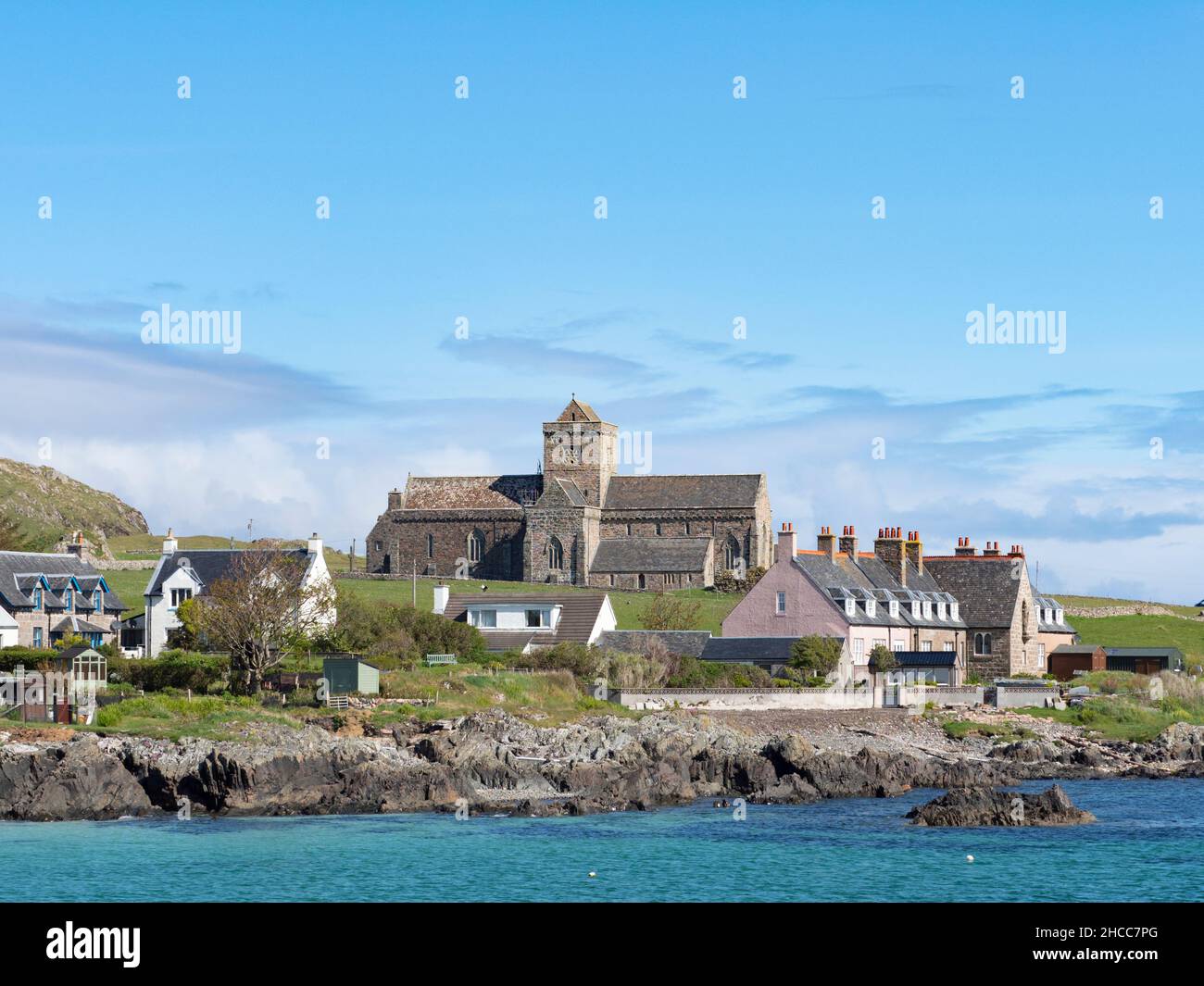 View of iona village and shoreline showing the Abbey Stock Photo Alamy