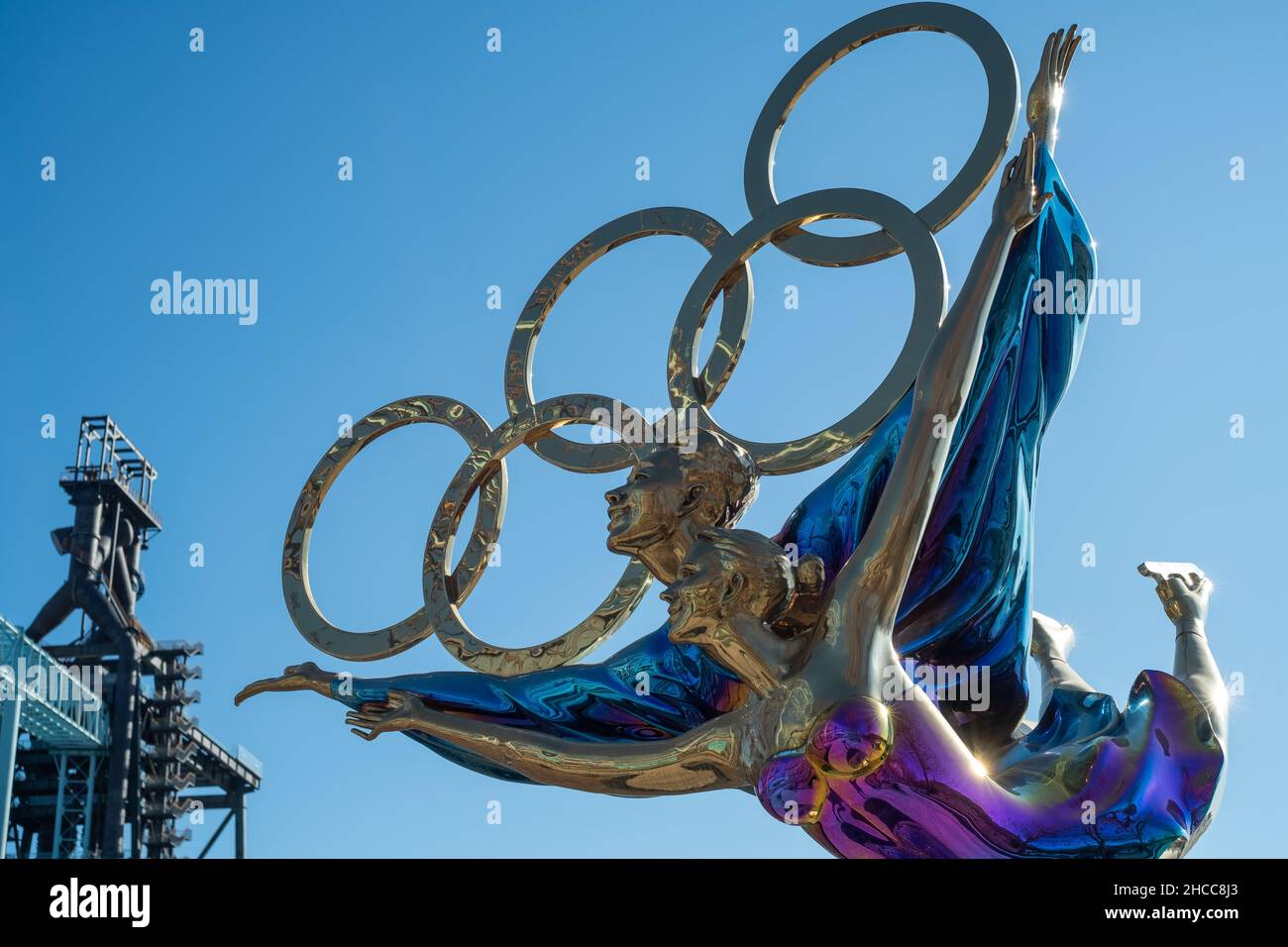 A statue with the Olympic Rings titled 'Dating With the Winter Olympics' in Beijing, China. 26-Dec-2021 Stock Photo