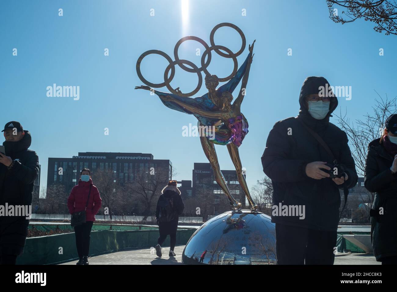 A statue with the Olympic Rings titled 'Dating With the Winter Olympics' in Beijing, China. 26-Dec-2021 Stock Photo