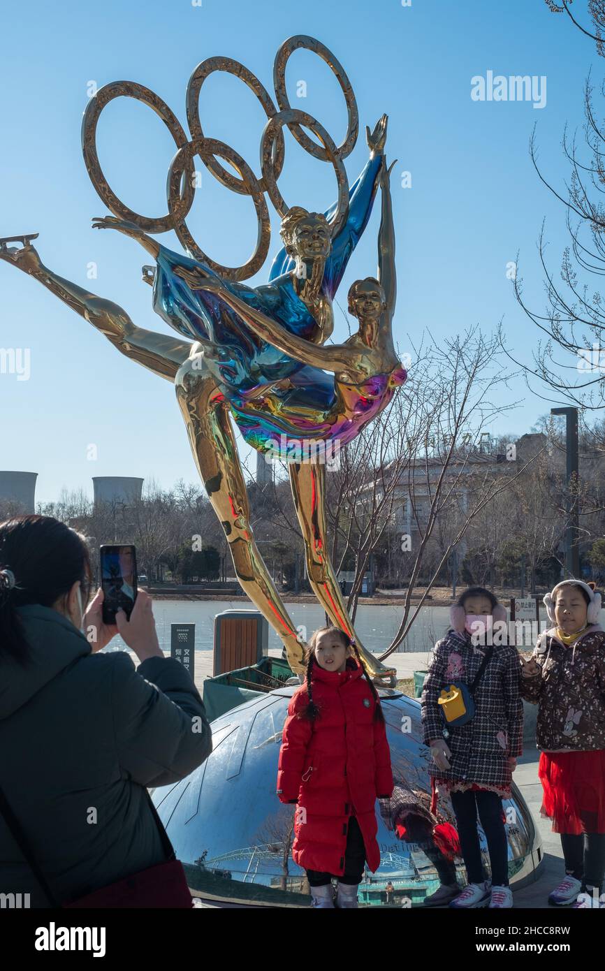 A statue with the Olympic Rings titled "Dating With the Winter Olympics" in Beijing, China. 26-Dec-2021 Stock Photo