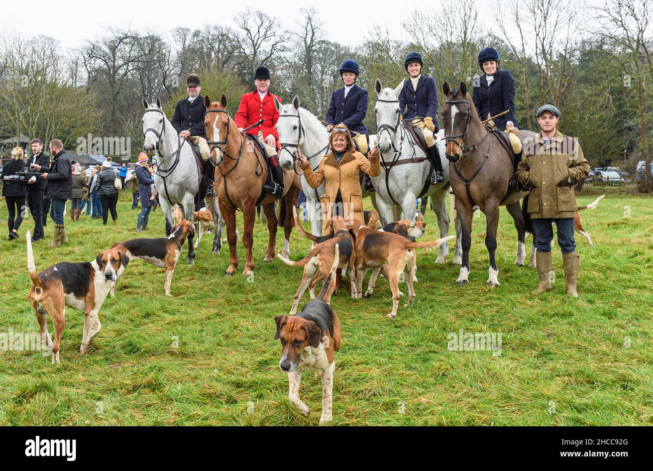 James Holliday, Huntsman John Holliday, Lady Alice Manners, Emma, Duchess of Rutland (on foot), Lady Eliza Manners, Lady Violet Manners, Charles, Marquis of Granby (on foot) at The Belvoir Hunt Boxing Day meet at The Belvoir Castle Engine Yard, Monday 27 December 2021 © 2021 Nico Morgan. All Rights Reserved Stock Photo
