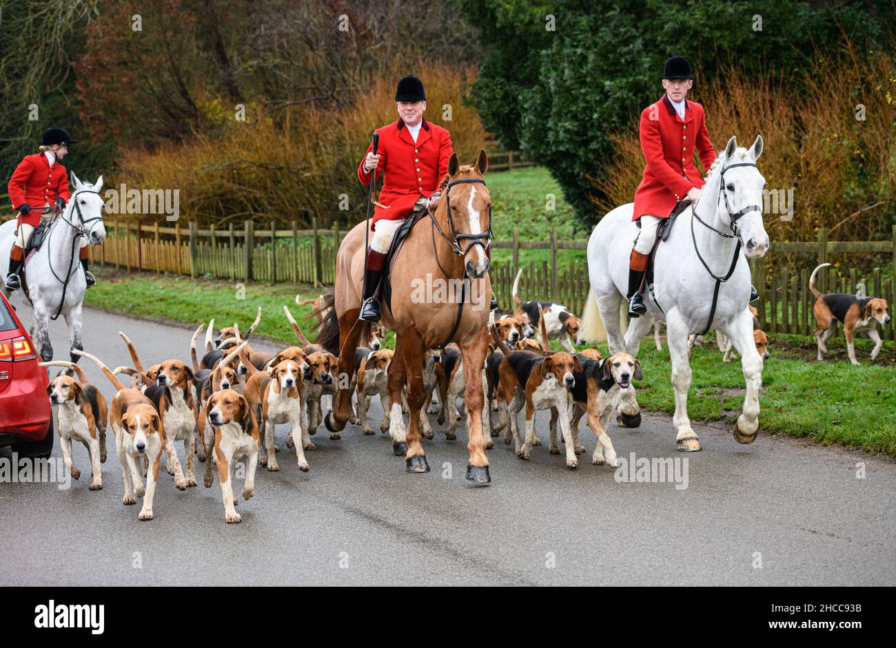 Huntsman John Holliday and whippers-in Sam and Poppy with the Duke of Rutland's hounds for The Belvoir Hunt's Boxing Day meet at The Belvoir Castle Engine Yard, Monday 27 December 2021 © 2021 Nico Morgan. All Rights Reserved Stock Photo