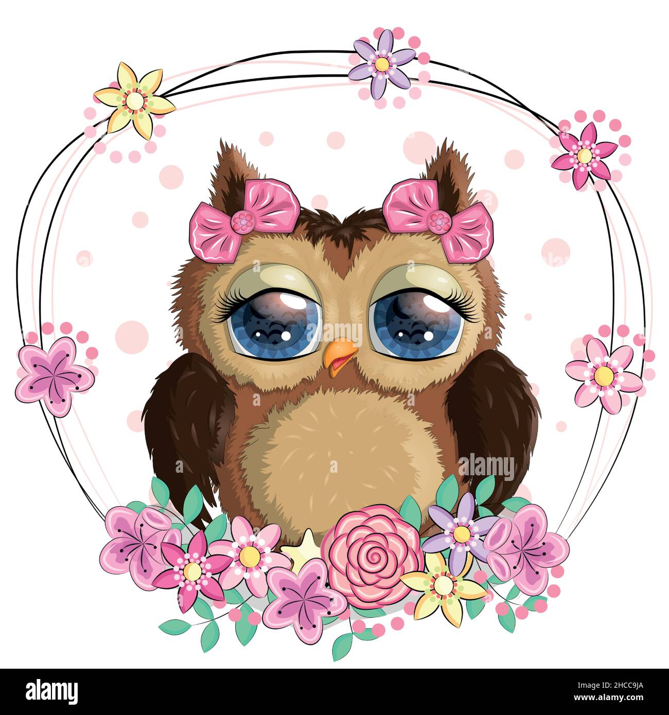 Cute Cartoon Owl with flowers and butterflies Stock Vector Image & Art ...