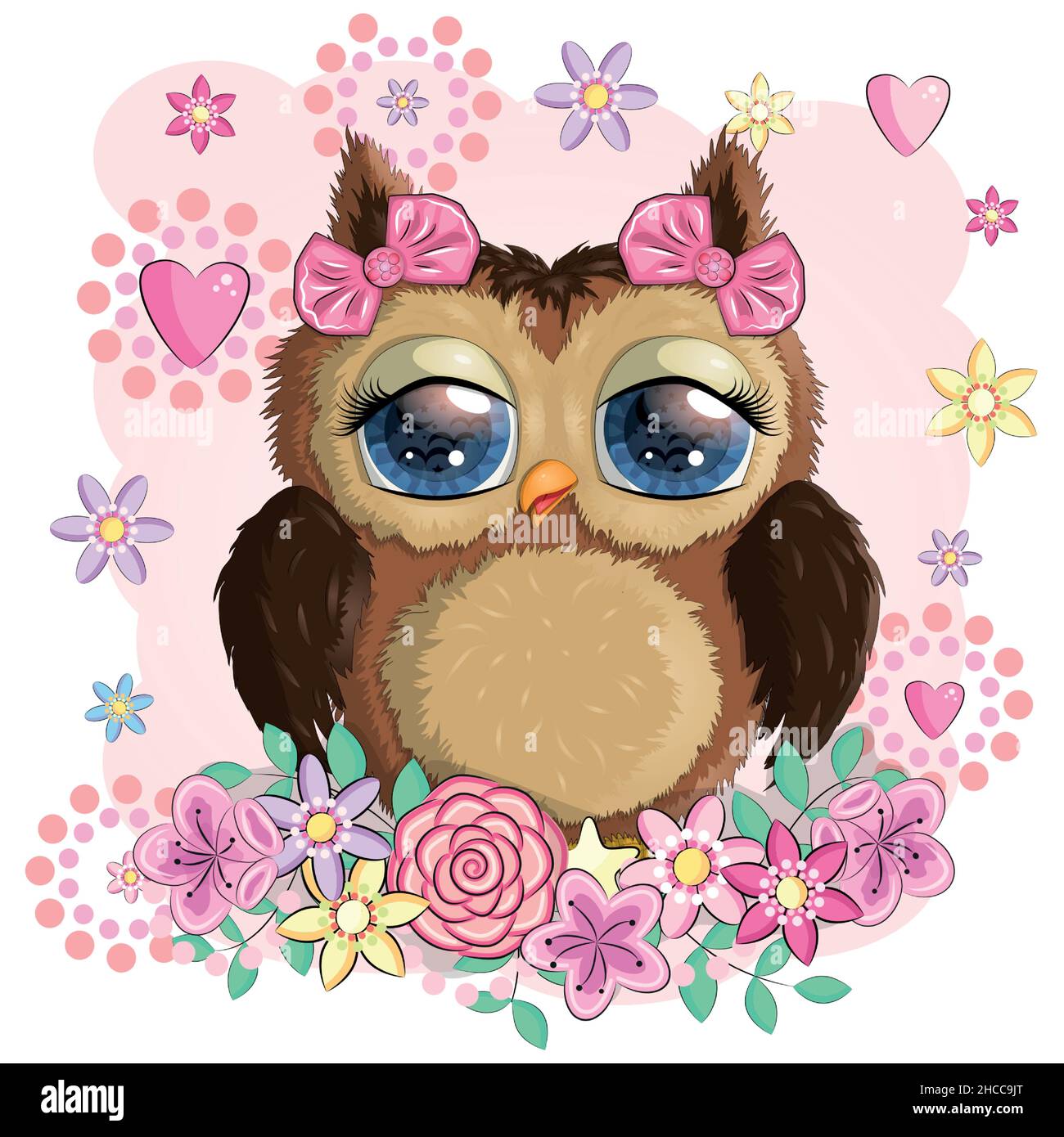 Cute Cartoon Owl with flowers and butterflies Stock Vector Image & Art ...