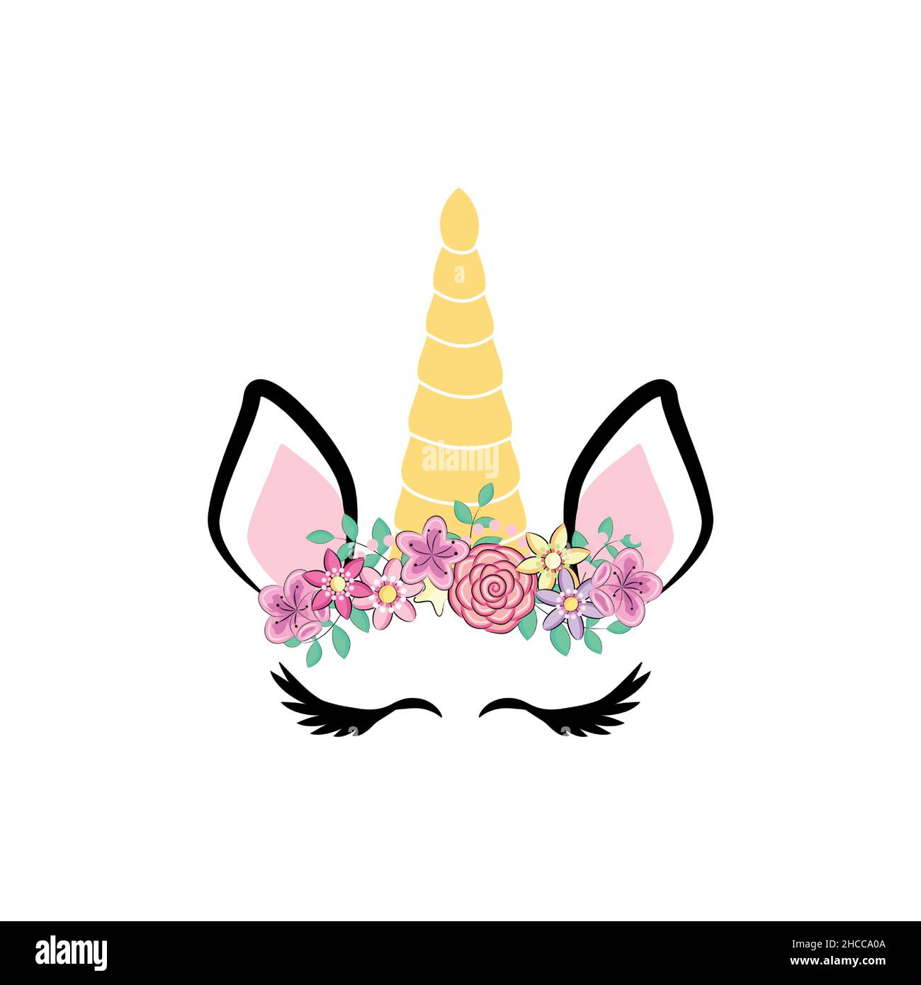 Unicorn's Horn with Flowers and Eyelashes rainbow, bangs. Card, invitation Stock Vector