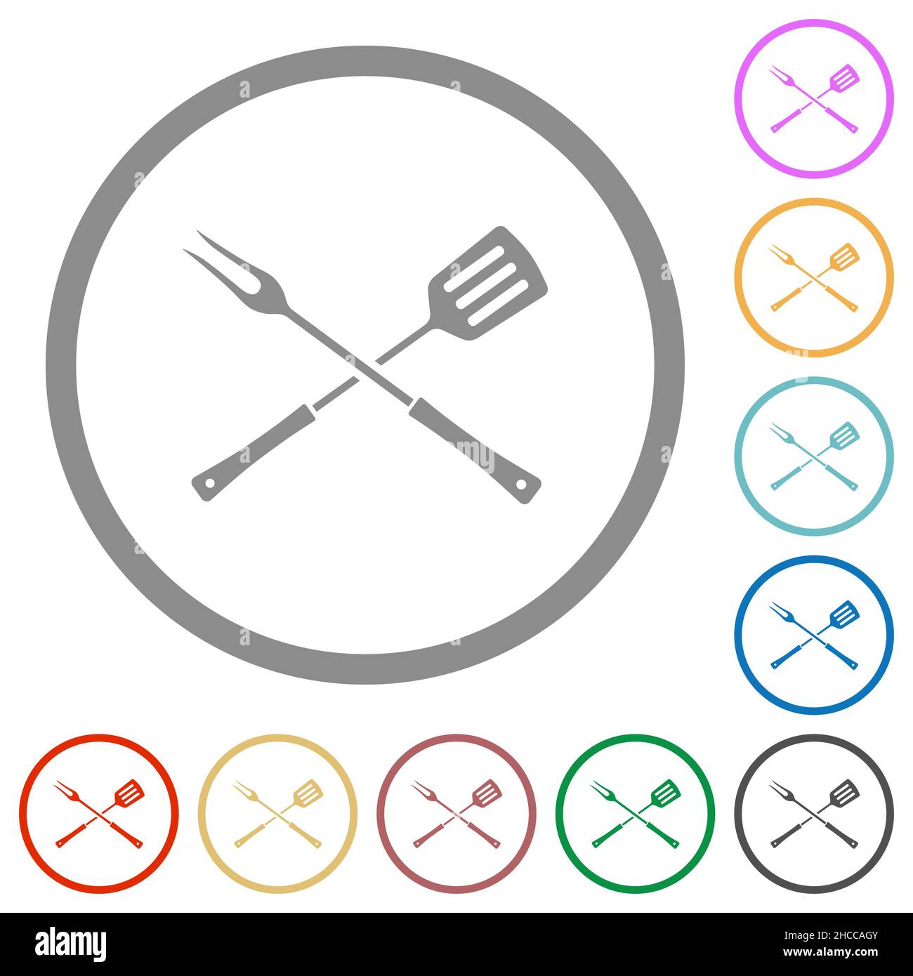 Barbecue fork and spatula in crossed position flat color icons in round ...