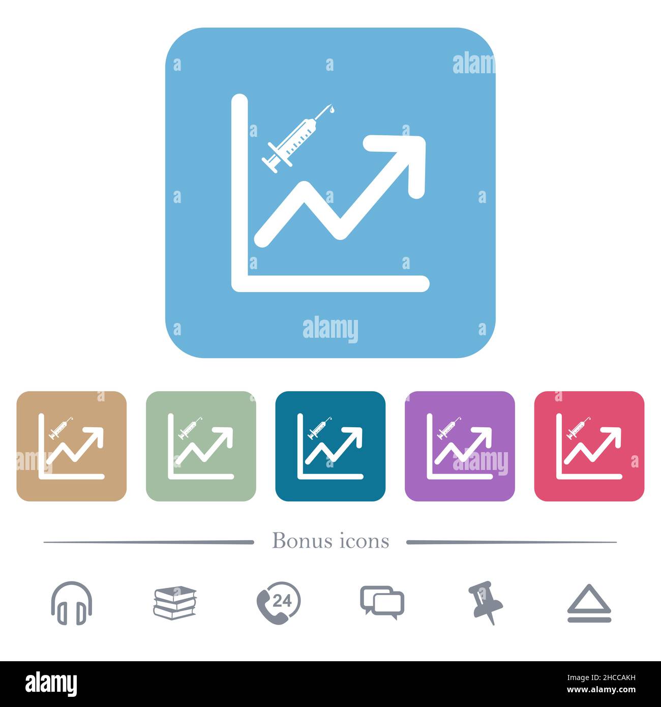 Rising vaccination graph white flat icons on color rounded square ...