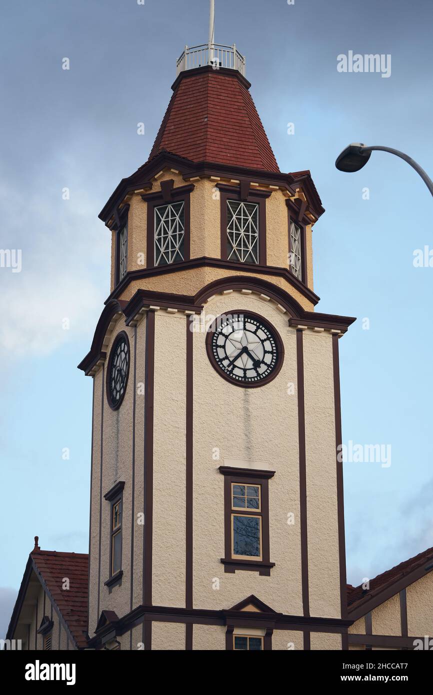 Vertical shot of the old hall clock tower in Tauranga, New Zealand Stock Photo Alamy