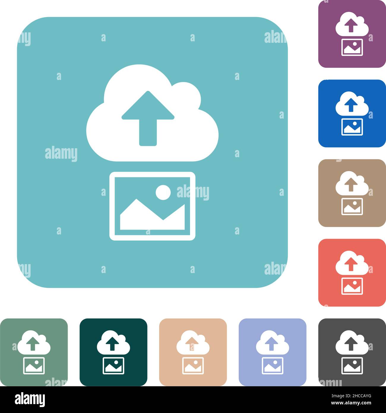 Upload image to cloud solid white flat icons on color rounded square backgrounds Stock Vector
