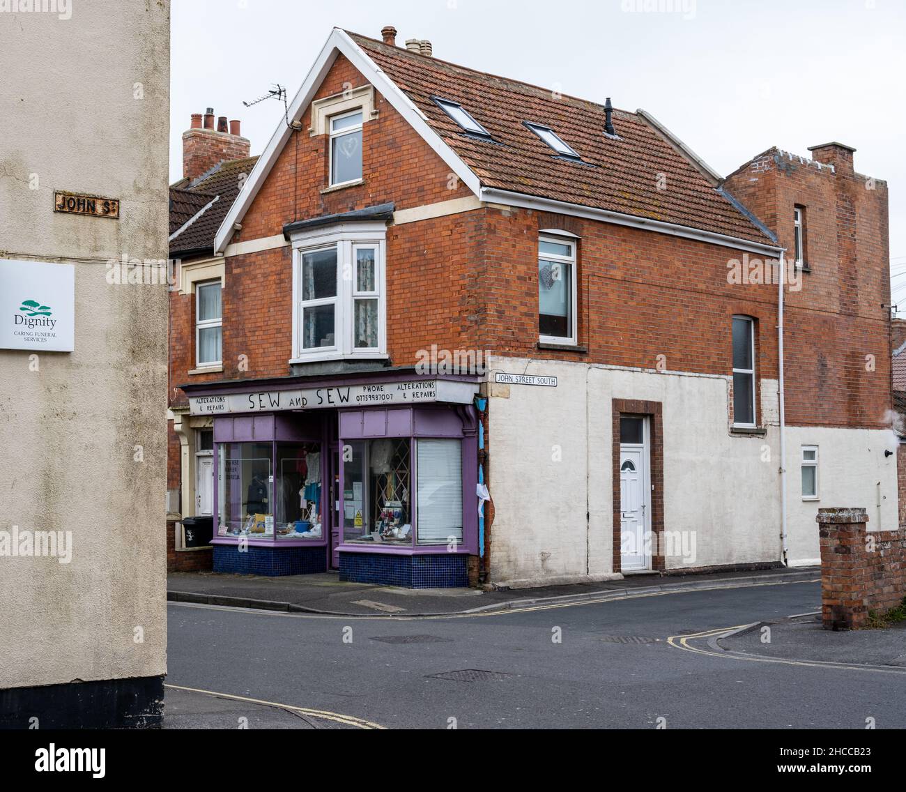 Shops and houses on John Street in BurnhamonSea, Somerset Stock Photo