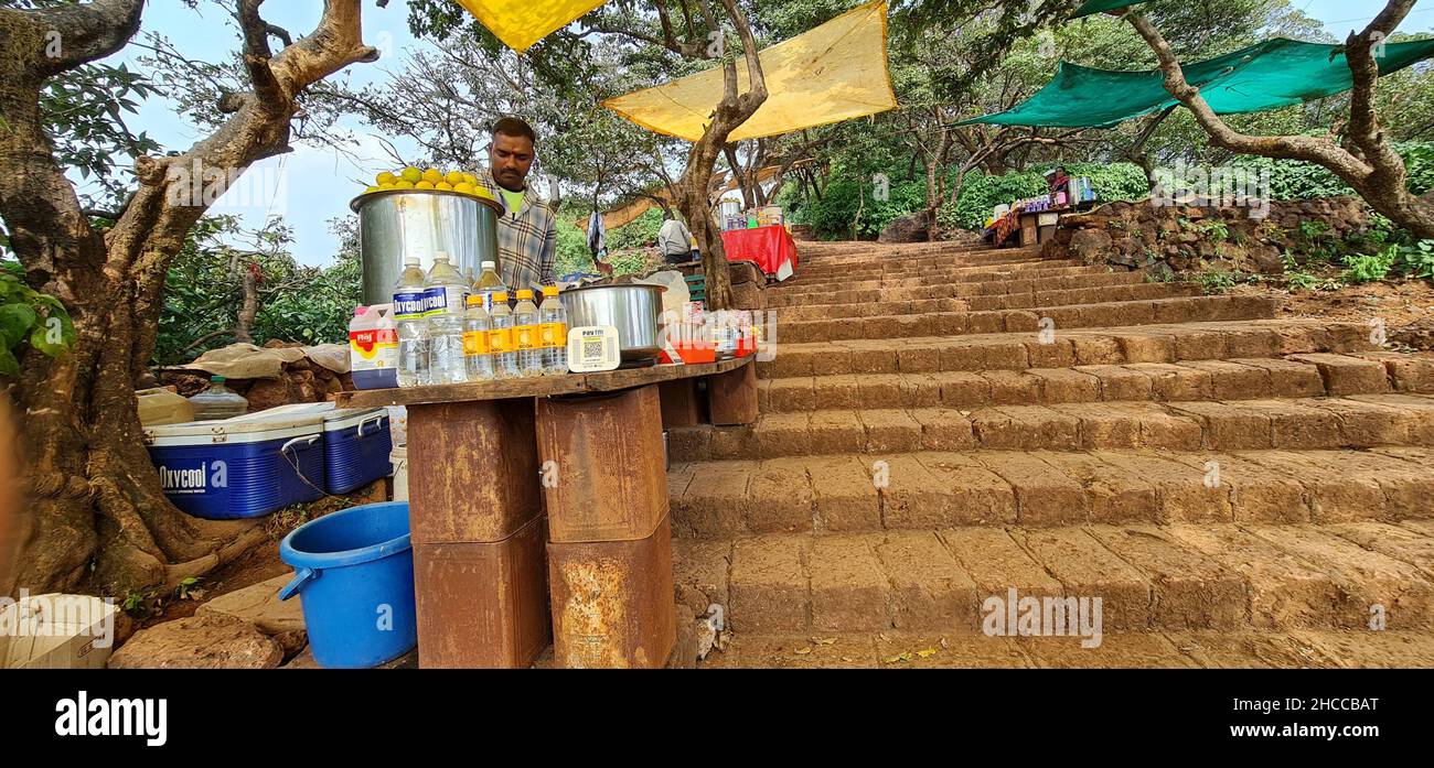 Mahabaleshwar, Maharashtra, India, December 20 2021: Lime juice shop at Elphinstone Point. One among the many shops on the steps towards the view poin Stock Photo