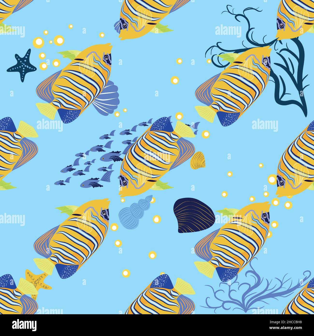 Emperor angelfish, Pomacanthus imperator seamless patterns, sea animal wildlife character. Nature underwater, marine wild ocean zoo fish Stock Vector