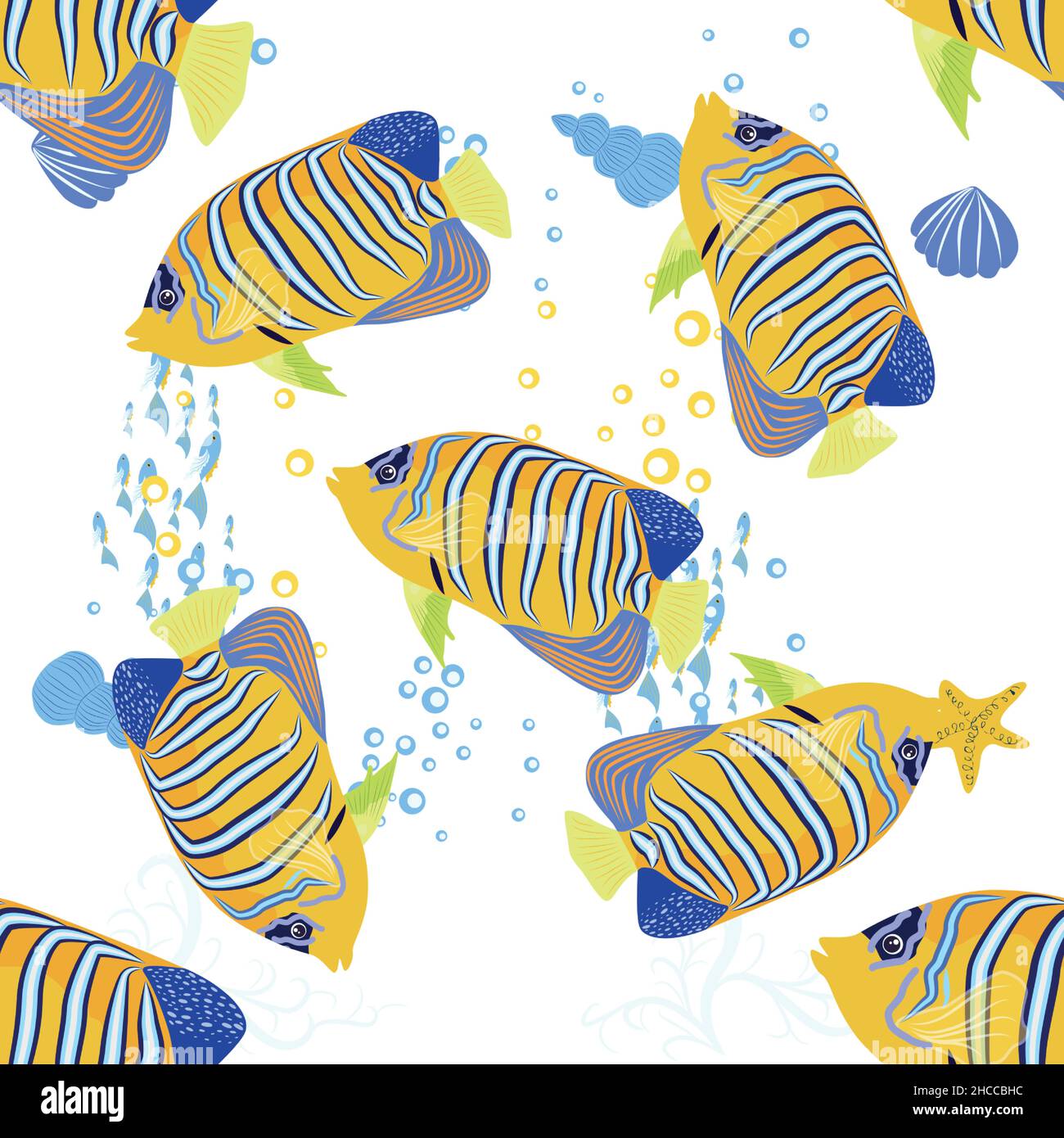 Emperor angelfish, Pomacanthus imperator seamless patterns, sea animal wildlife character. Nature underwater, marine wild ocean zoo fish Stock Vector