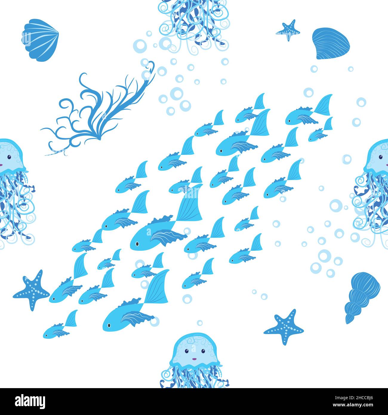 Jellyfish, fish, animals bright seamless patterns. Sea travel, snorkeling with animals, tropical fish Stock Vector