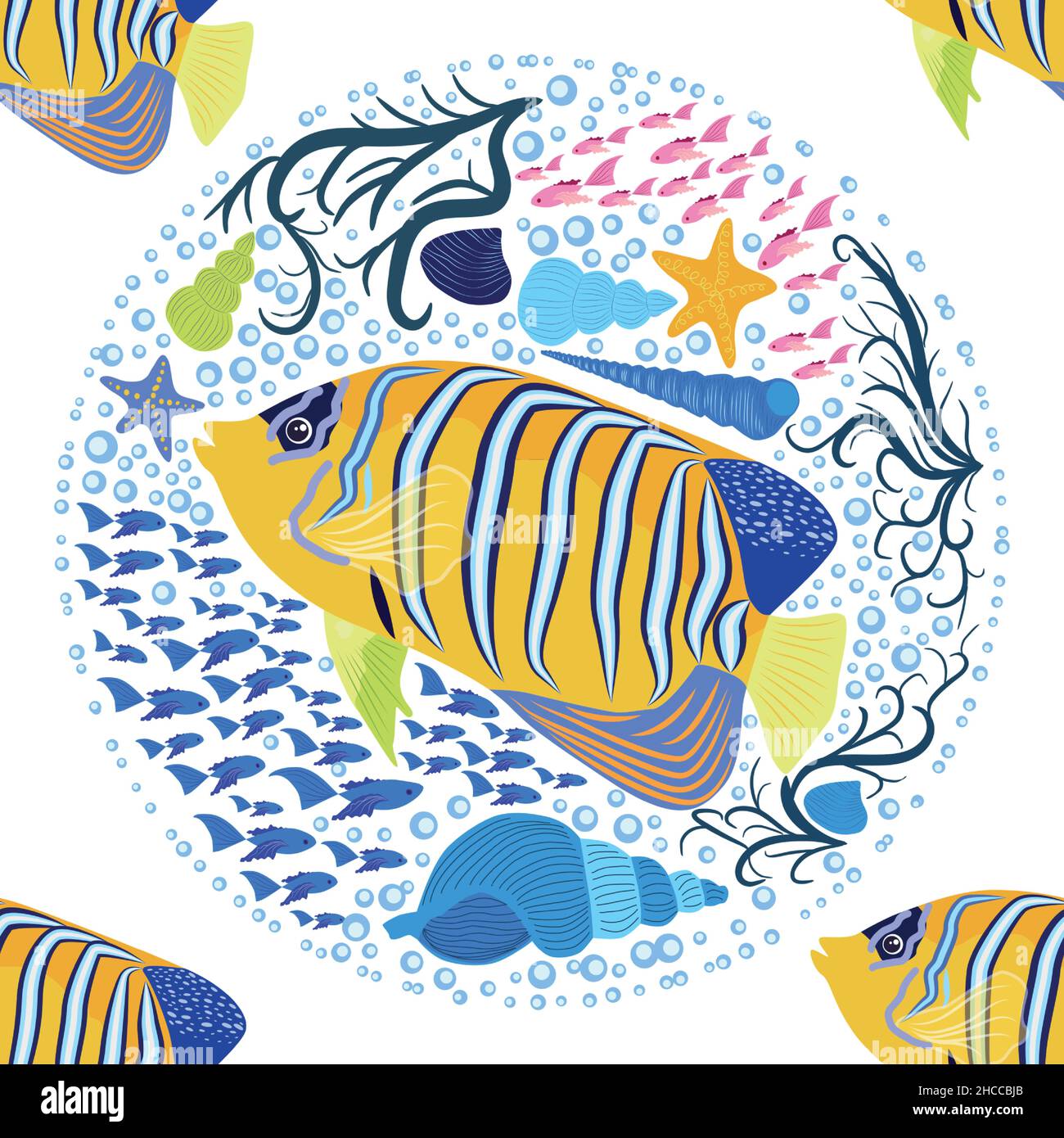 Emperor angelfish, Pomacanthus imperator seamless patterns, sea animal wildlife character. Nature underwater, marine wild ocean zoo fish Stock Vector