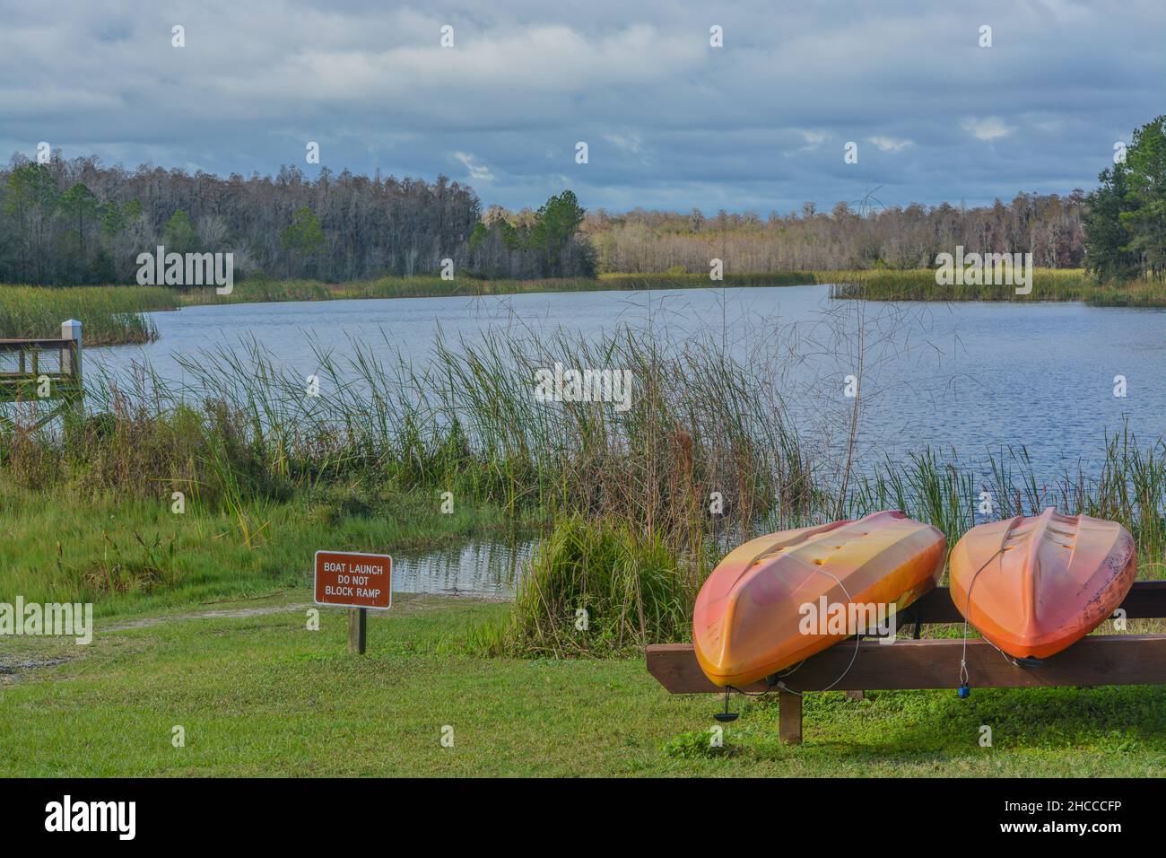 Kayaks at the boat launch on Mac Lake, Colt Creek State Park, Lakeland