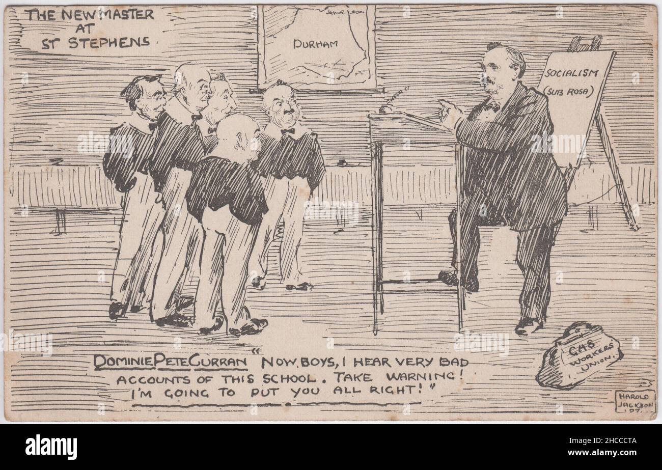 'The new master at St Stephens': cartoon showing Pete Curran, British trade unionist and politician, schooling local politicians during the 1907 Jarrow parliamentary by-election. Curran won the seat and served as a Member of Parliament between 1907-1910. Curran was also President of the National Union of Gas Workers and General Labourers and a co-founder of the General Federation of Trade Unions and Independent Labour Party Stock Photo