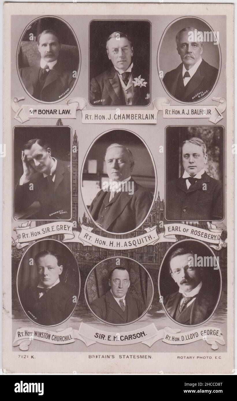 'Britain's Statesmen', 1914: H.H. Asquith, Andrew Bonar Law, Joseph Chamberlain, Arthur Balfour, Sir Edward Grey, the Earl of Rosebery, Winston Churchill, Sir Edward Carson, David Lloyd George. Postcard containing political portraits published just before the start of the First World War Stock Photo