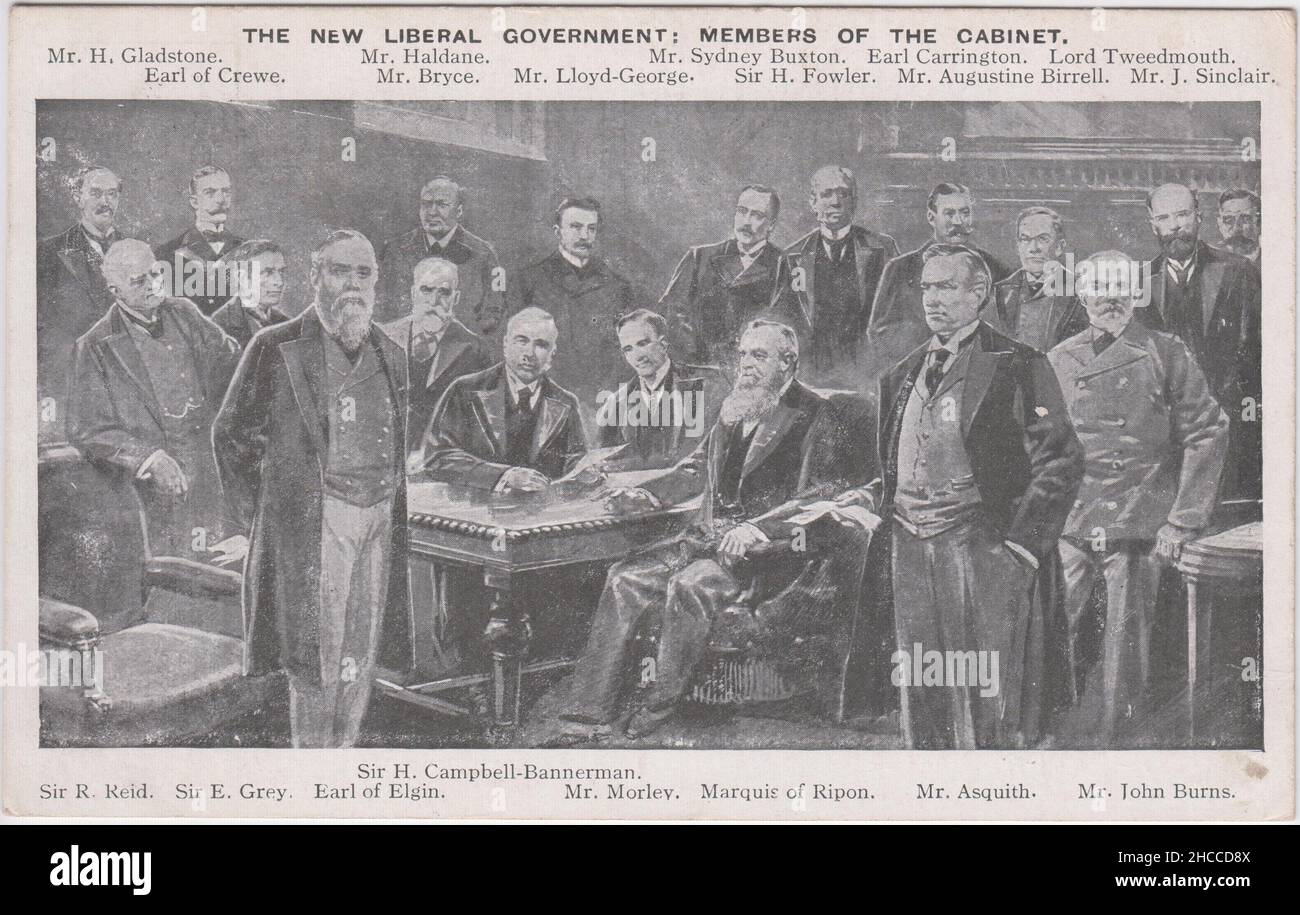 'The new Liberal Government: Members of the Cabinet': illustration showing Cabinet Ministers in the 1906 Liberal Party administration - H.H. Asquith, Sir Henry Campbell-Bannerman, David Lloyd George, Herbert Gladstone, Sydney Buxton, John Burns, the Earl of Crewe, Richard Haldane, James Bryce, Sir Henry Fowler, Earl Carrington, Augustine Birrell, Lord Tweedmouth, John Sinclair, Sir Robert Reid, Sir Edward Grey, the Earl of Elgin, John Morley and the Marquis of Ripon Stock Photo