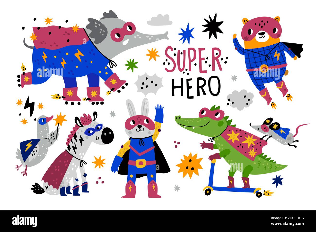 Animals superheroes. Funny comic characters in super outfits, masks and capes, cute heroes, elephant on rollerskates, crocodile on a scooter, hare and Stock Vector