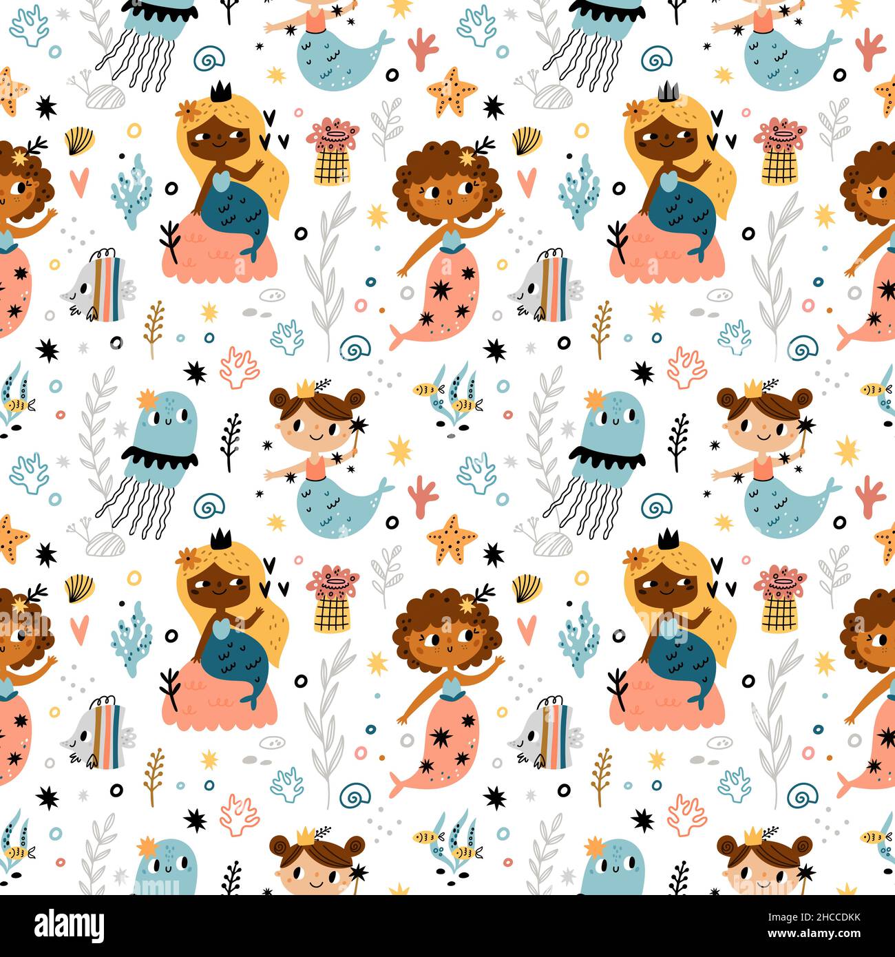 Cute seamless pattern mermaids. Funny multinational marine girls with fish tails, sea world animals, fairy creations, nautical repeat. Decor textile Stock Vector