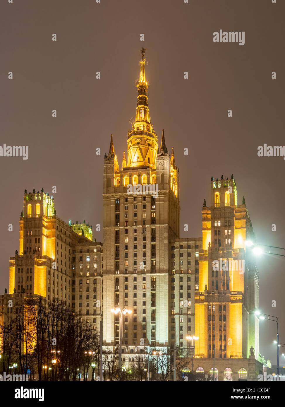 Winter Night view on the residential Stalinist high-rise building on Kudrinskaya Square with illumination. It is the one of seven Stalinist skyscraper Stock Photo