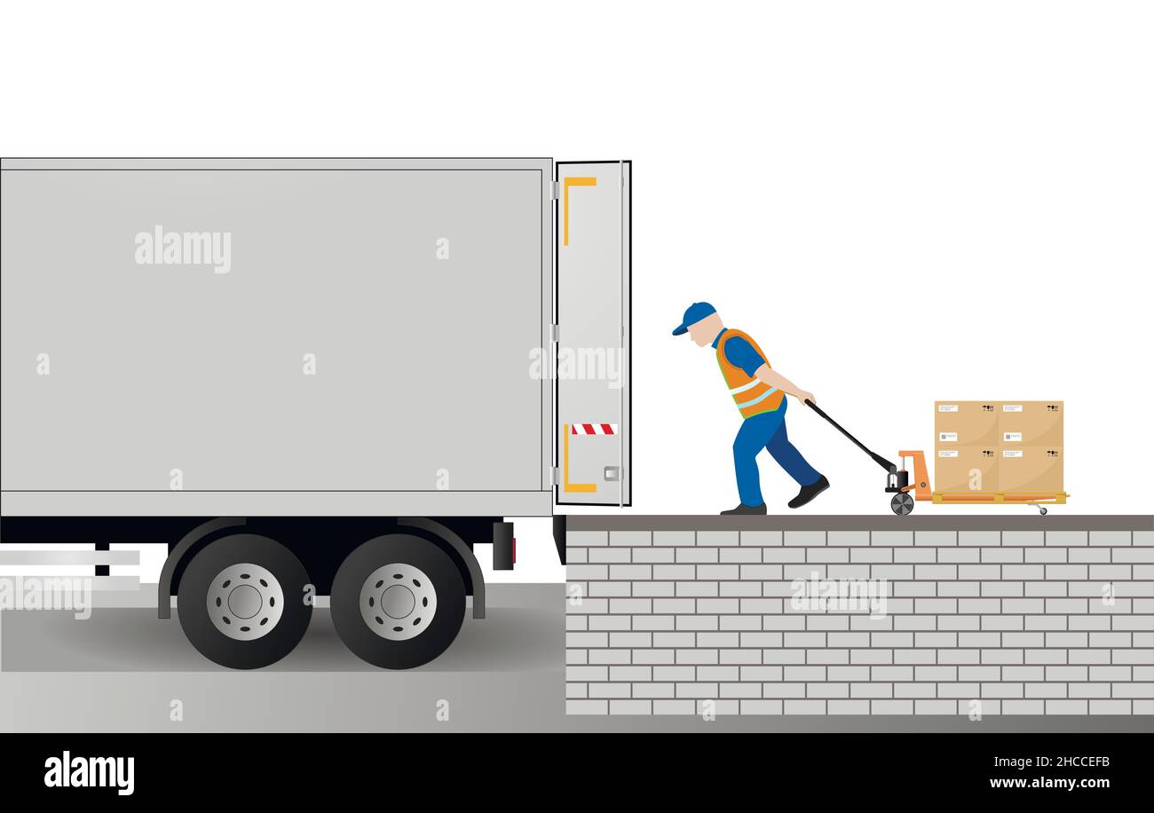 A hand pallet truck loader loads pallets with cardboard boxes into a truck. Storage, sorting and