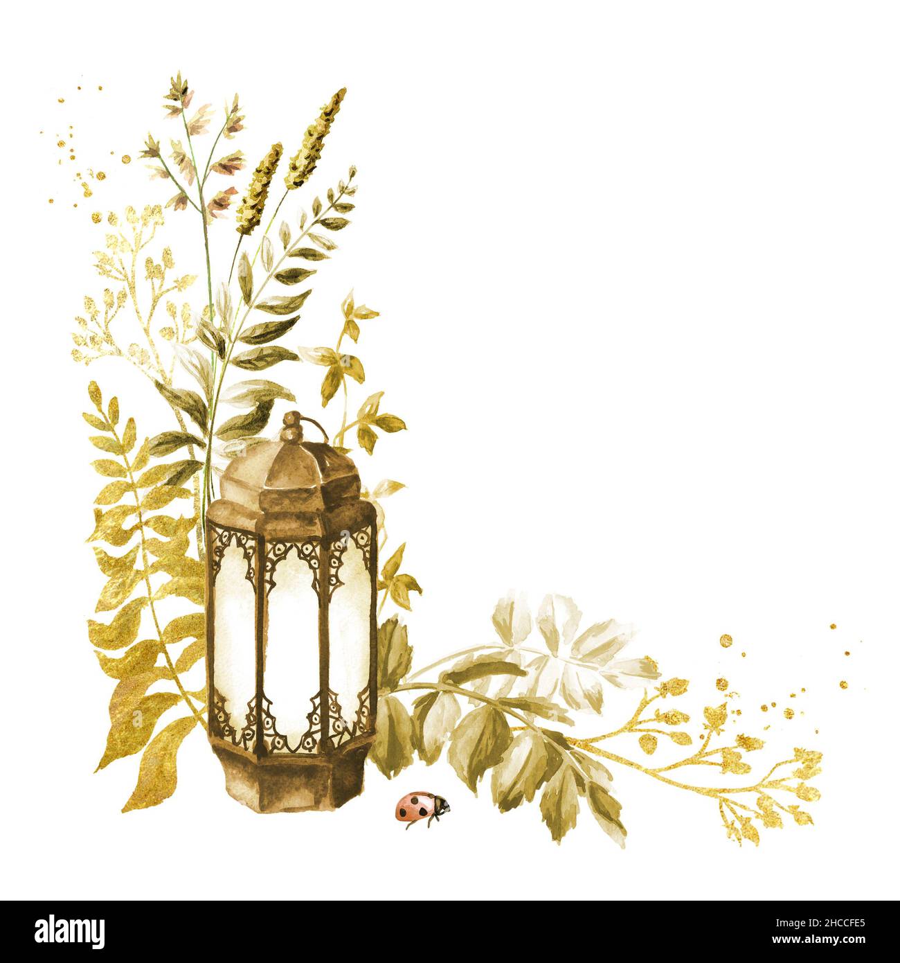 Old decorative carved lantern with Wild grasses and wildflowers frame. Summer rural composition,  bouquet, decor concept. Hand drawn watercolor illust Stock Photo