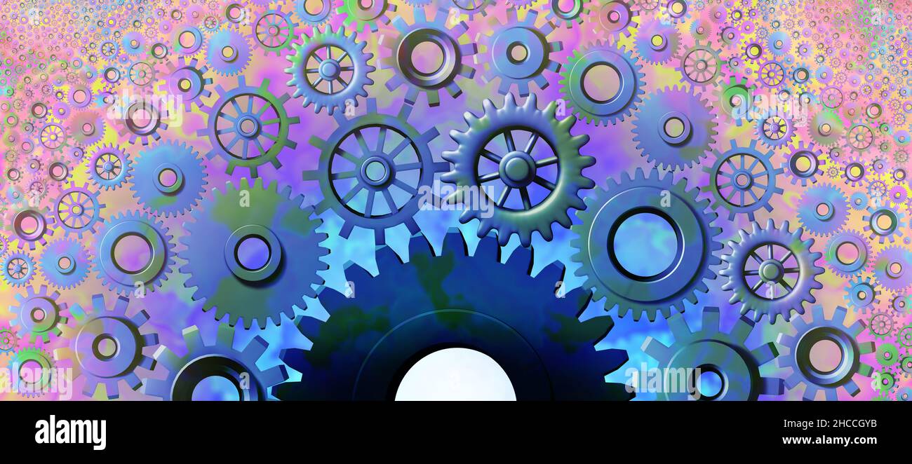 Industry Network hierarchy and organization concept as an abstract business metaphor with mechanical wheel parts radiatint from a center or central. Stock Photo