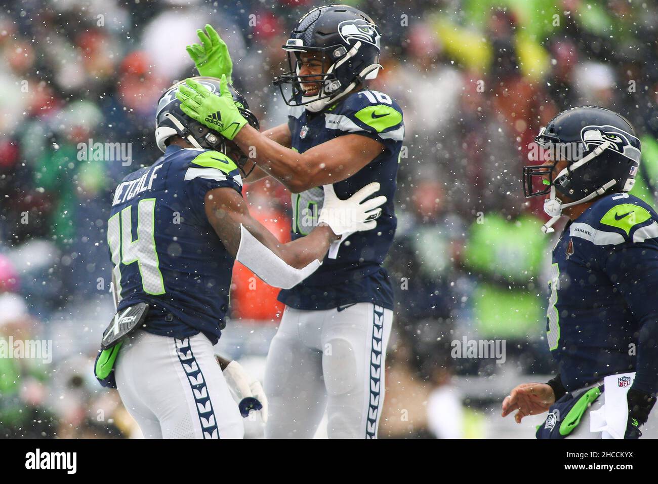 Seattle, WA, USA. 26th Dec, 2021. Seattle Seahawks wide receiver DK Metcalf  (14) celebrates a catch for a touchdown during a game between the Chicago  Bears and Seattle Seahawks at Lumen Field