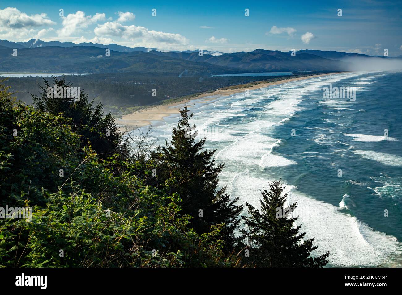 Waves crashing on Oregon Coast, from Nehkahnie Mountain Overlook, Oregon USA Stock Photo