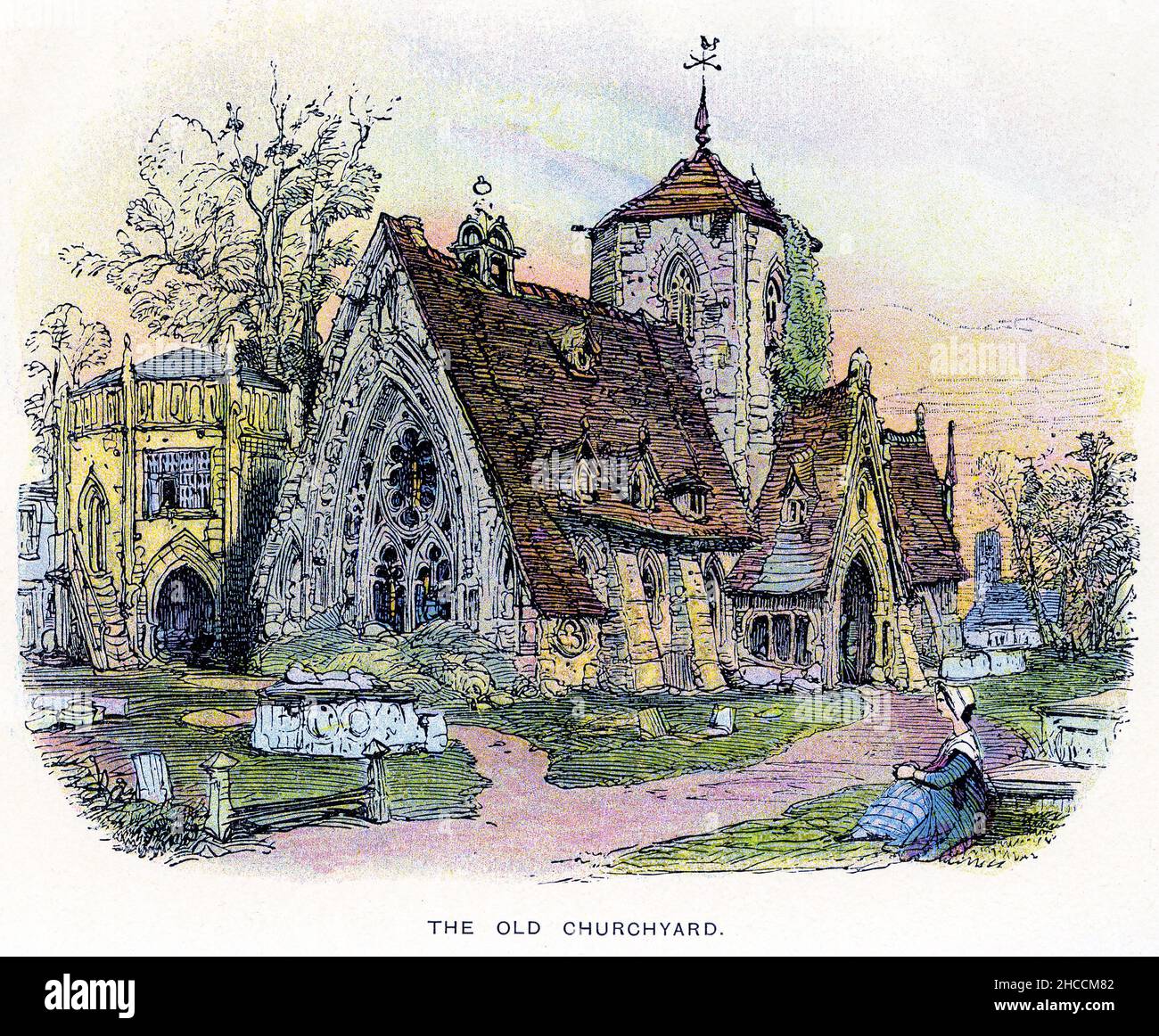 Engraving of the old churchyard, a scene from a Victorian era book by Charles Dickens, published circa 1908 Stock Photo