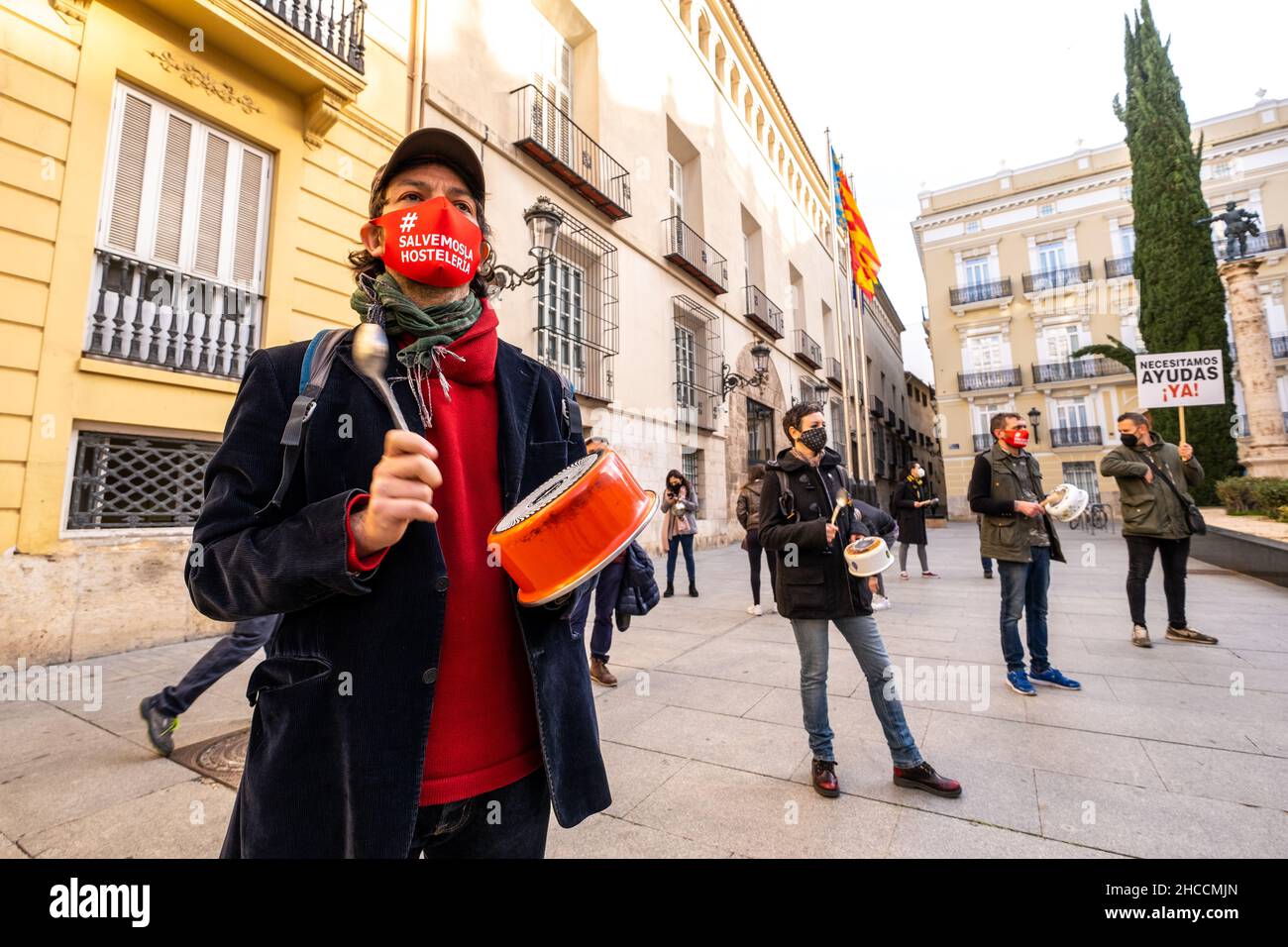 Valencia, Spain; January 21, 2021: Demonstrators against the measures against Covid taken against the hospitality sector by the local government. Stock Photo